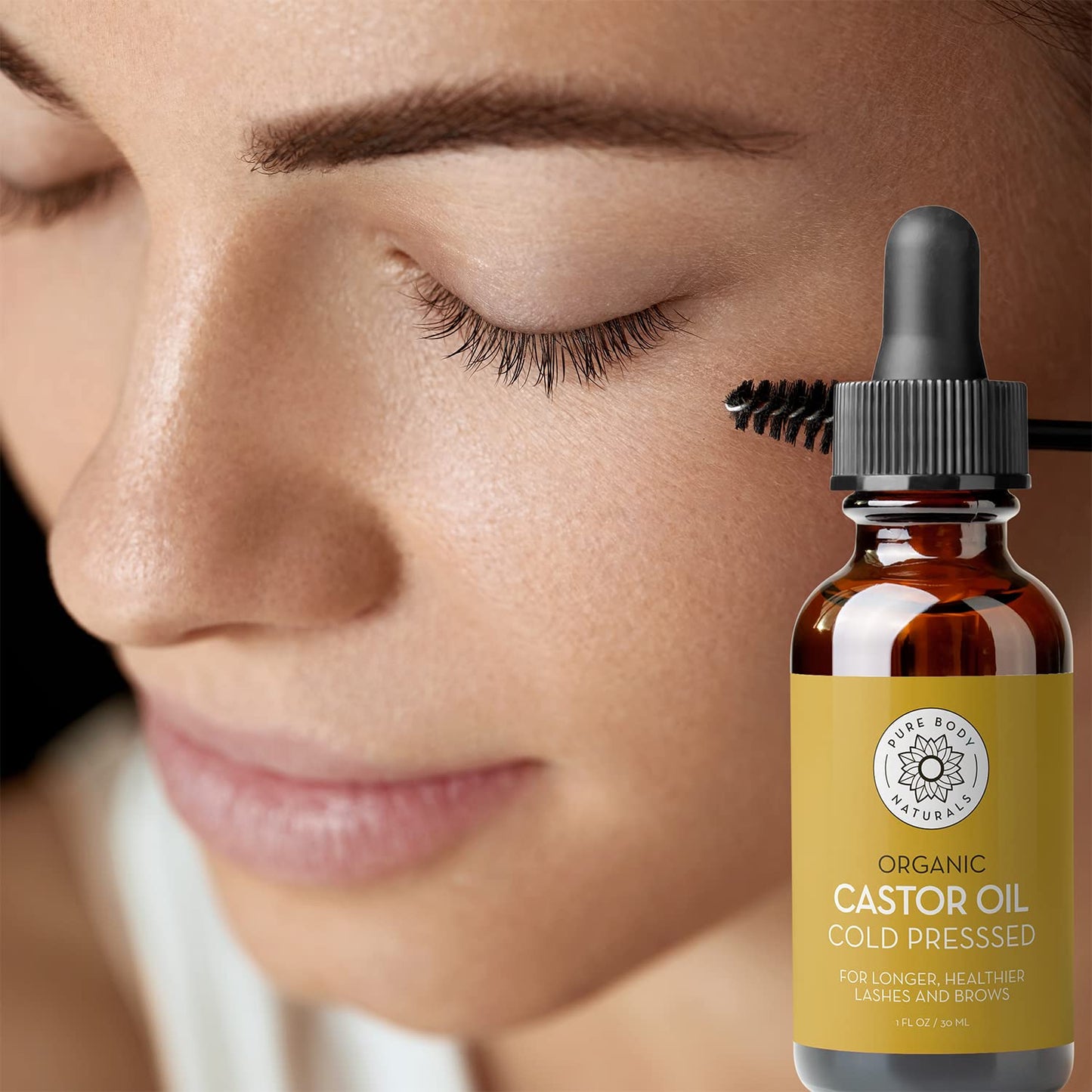 Pure Body Naturals Castor Oil for Eyelashes and Eyebrows - Brow and Lash Growth Serum - Organic Hexane Free Cold Pressed Unrefined - 1 fl oz