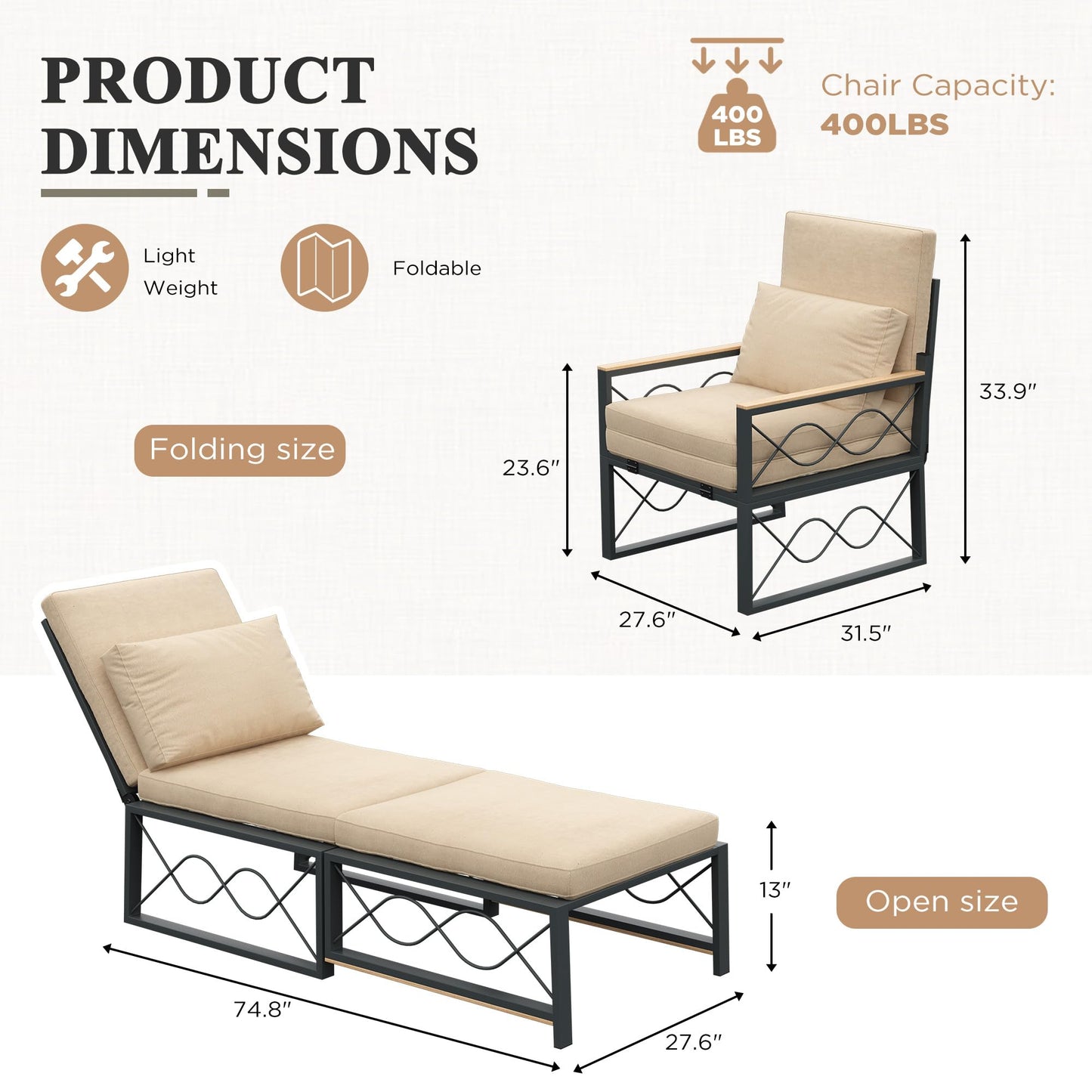AECOJOY Outdoor Metal Chaise Lounge Chair Set of 2, Patio Convertible Armchair with Cushions, Adjustable 5-Position Recliner with Full Flat Tanning Function for Outside, Pool, Beige, 2 Pack