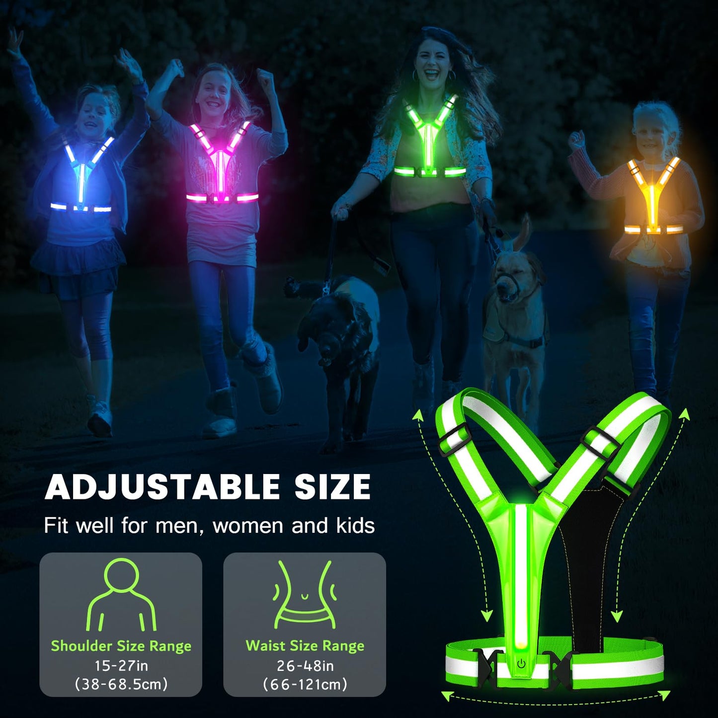 Fokia Kunbio LED Reflective Running Vest Gear,Light Up Vest Runners Night Walking USB Rechargeable,Up to 11hrs Light with Adjustable Waist/Shoulder for Women Men Kids (Green)