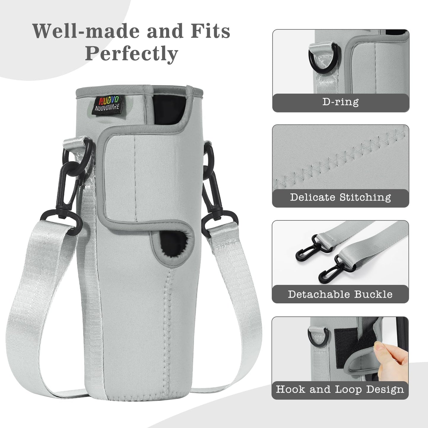 Nuovoware Water Bottle Carrier Bag Fits Stanley 40 Oz Tumbler with Handle, Water Bottle Bag with Adjustable Shoulder Strap, Neoprene Water Bottle Holder for Stanley Water Bottle Accessories, Gray