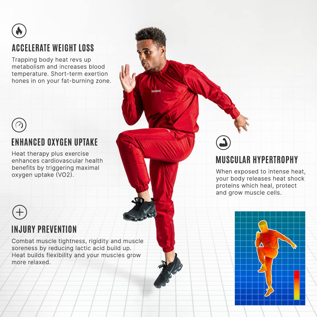 BOXRAW Hagler Professional Sauna Suit 1.0 Top & Bottoms Non Rip Sweat Suit Boxing MMA Training Gym (Red - XL)