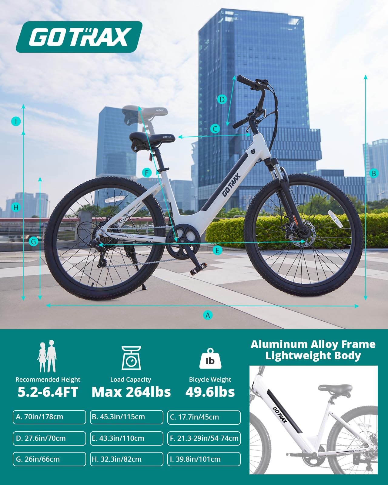 Gotrax Dolphin 26" Electric Bike, Max Range 30Miles(Pedal-assist1) & 20Mph Power by Peak 500W, 5 Pedal-Assist Levels & Front Suspension, 7-Speed&Boost Mode, City E-Bike for Adult White