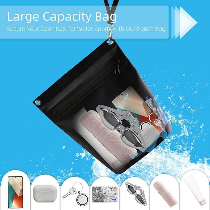 WALNEW Waterproof Dry Bag with Watertight Zipper, Lightweight Waterproof Pouch for Women Men, IPX5 Crossbody Dry Sack Keeps Gear Dry for Kayaking, Beach, Boating, Camping, Fishing, Hiking (BLACK)