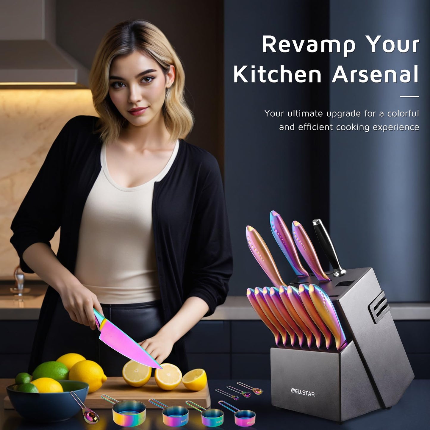 Rainbow Knife Block Set 27-Piece, Iridescent German Stainless Steel Kitchen Knives Set with Wooden Holder, Colorful Titanium Coating, Include Scissors and 2-Stage Built-in Sharpener and 8pcs Gadgets