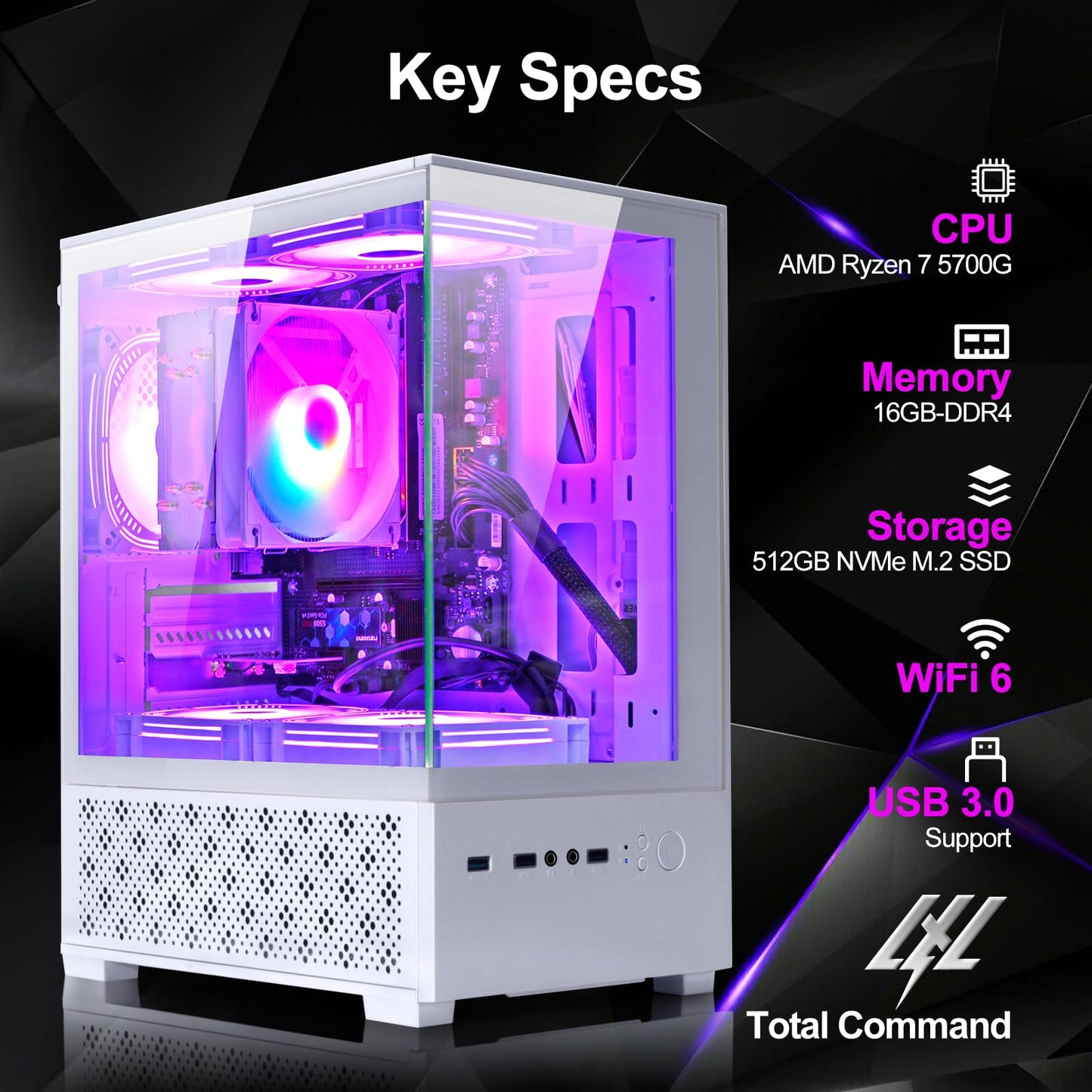 LXZ Desktop PC Computer AMD Ryzen 7-5700G 8 core 3.9GHz, 16G DDR4 RAM, 512GB NVME SSD, Tower Computer with Power Supply 400W for Home and Office (White)