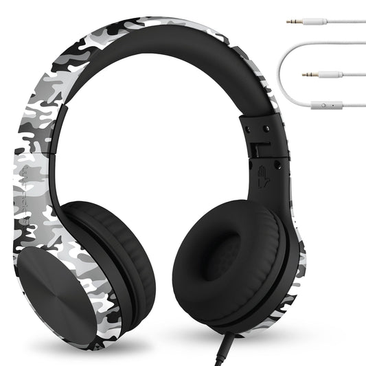 LilGadgets Connect+ Pro Wired Kids Headphones for School w/Microphone, Volume Limiting Noise Reducing Over-Ear Headset w/Cord, SharePort Technology & SoftTouch Padding, Snow Camo Headphones for Kids