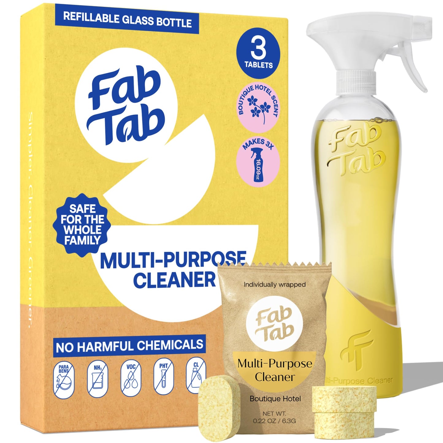 Fab Tab Multi Purpose Cleaner Cleaning Tablets, Eco-Concious Refillable Glass Bottle System with Boutique Hotel Scent, Safe For Family and Pets - Chemical-Free, Plastic-Free - 3 Count