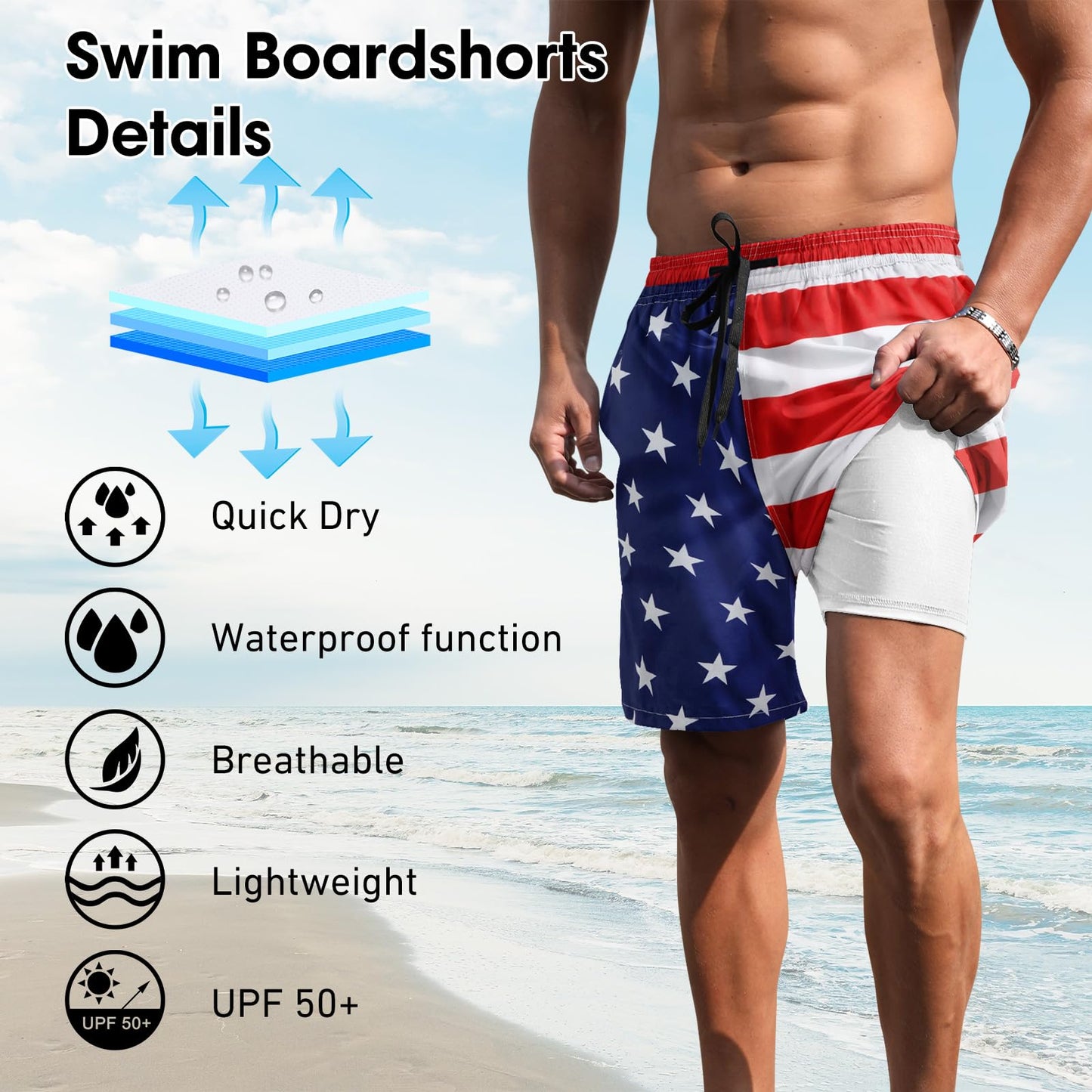 ALISISTER Men American Flag Swim Trunks Compression Liner 4th of July Board Shorts USA Independence Day Boardshorts Swimsuits Swimwear 7 Inch