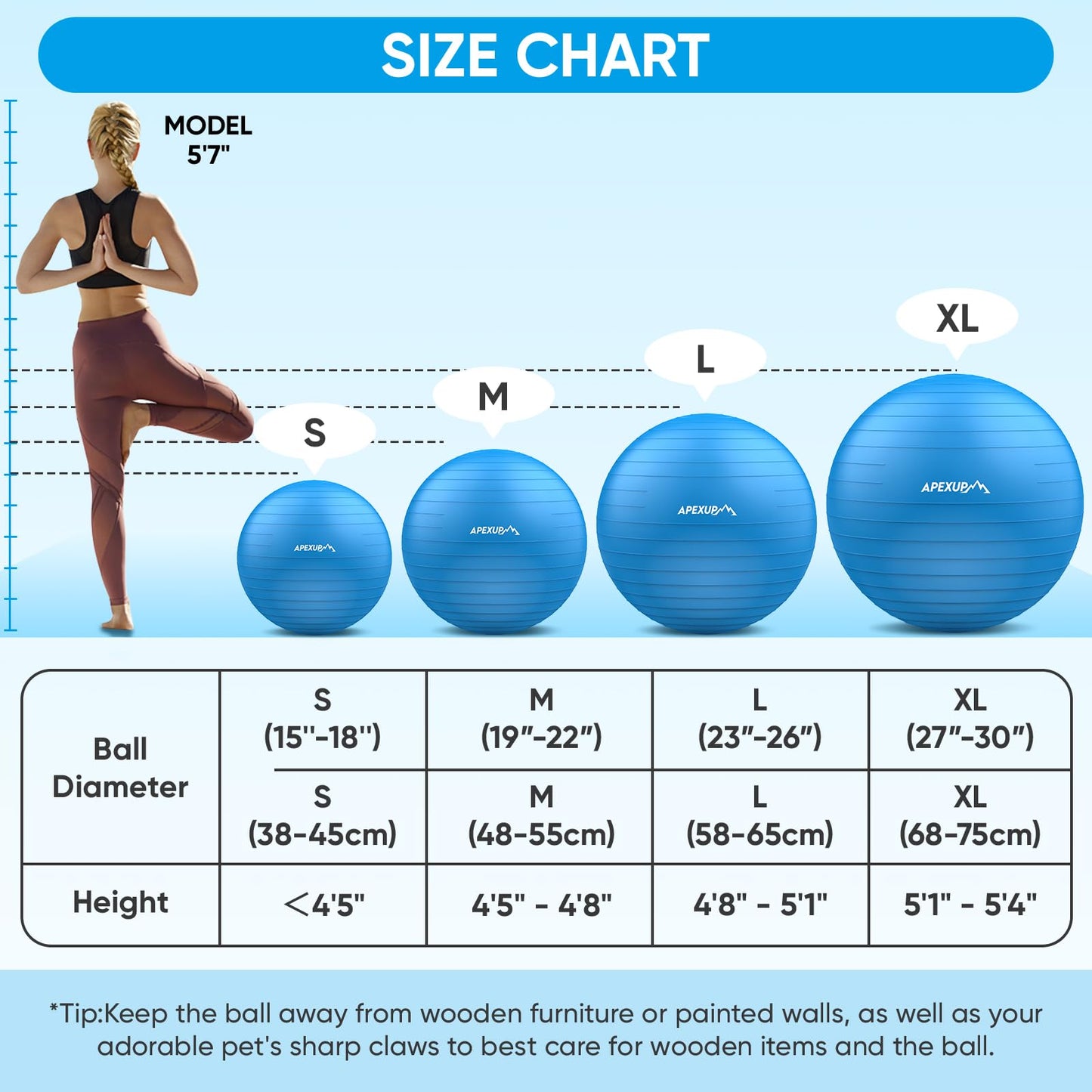 APEXUP Yoga Ball Exercise Ball, Anti Slip Stability Ball Chair, Heavy Duty Large Gym Ball for Fitness, Balance, Core Workout and Physical Therapy (S (15"~18") 45cm, Blue)