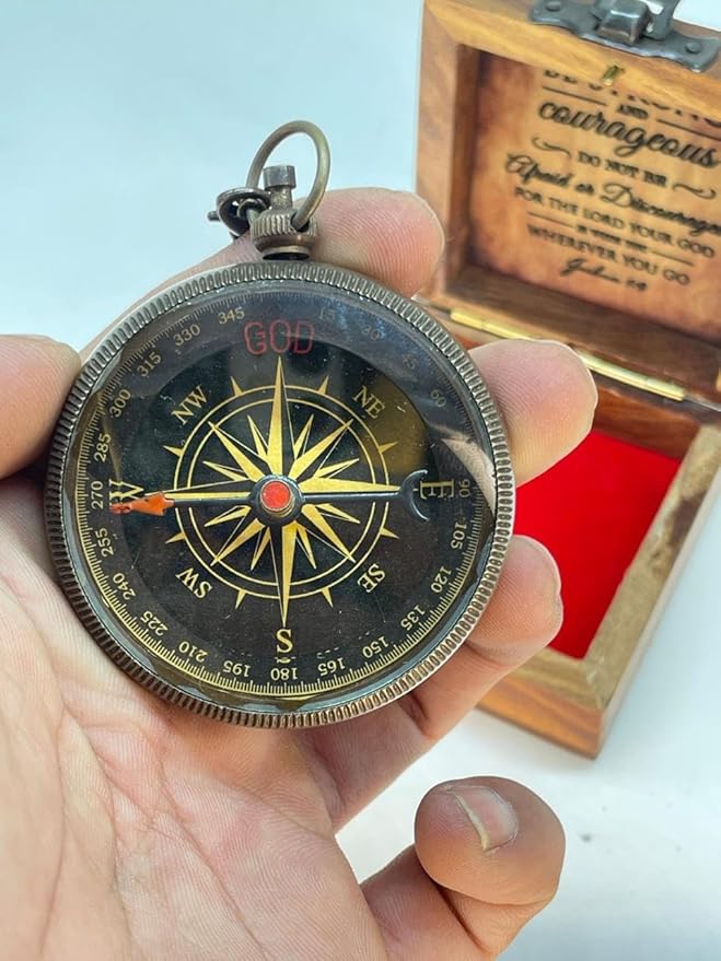 Antique Brass Compass Gift, Pocket Sundial Compass with Engraved Quote Be Strong and Courageous Perfect Compass Gifts for Men, Vintage Nautical Compass