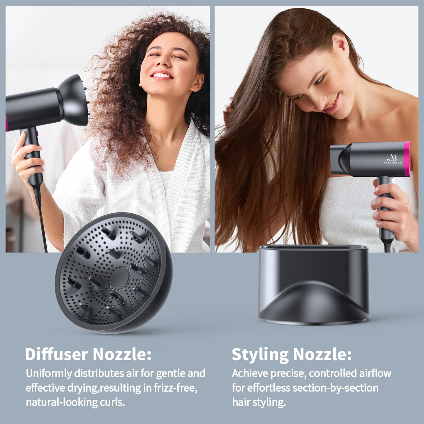 ANNE BETTY Ionic Hair Dryer with Diffuser, Powerful 1800W Blow Dryer for Women & Men, Fast-Drying Hair Dryer with Nozzle for Home, Salon, Travel