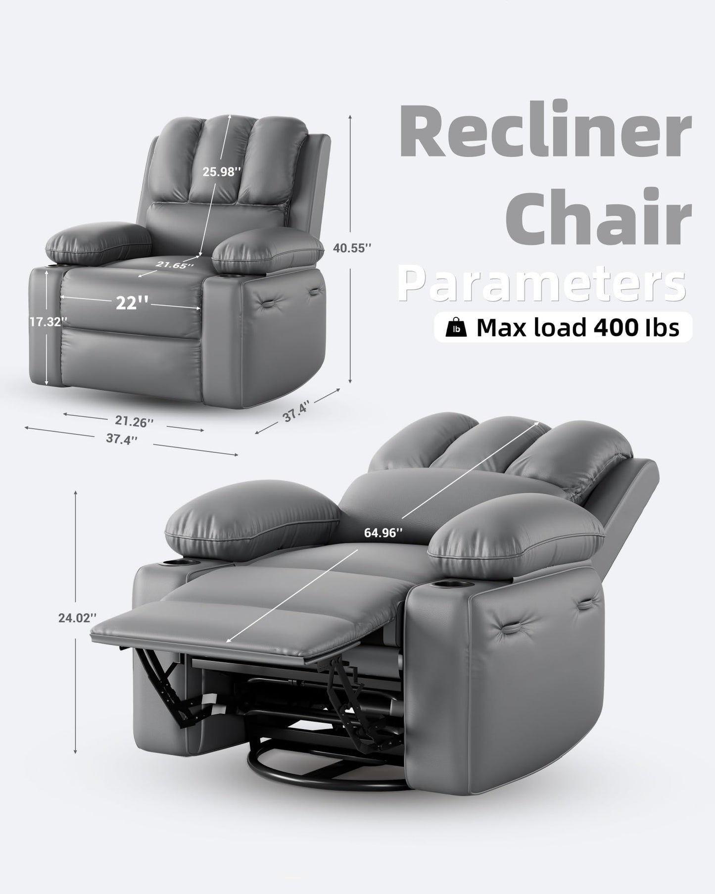 22'' Leather Recliner Chair for Adults, Overstuffed Manual Recliner Chair, Single Sofa with Cup Holder and Side Pockets, Upholstered Chair for Living Rooms, Gray
