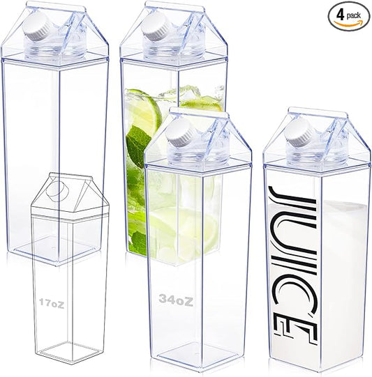 KALYLOC 4Pcs 34 Oz Milk Carton Water Bottle, Clear Plastic Square Milk Bottles, Portable Reusable Milk Box Juice Water Container for Travelling Sports Camping Outdoor Activities (Clean 4pcs)