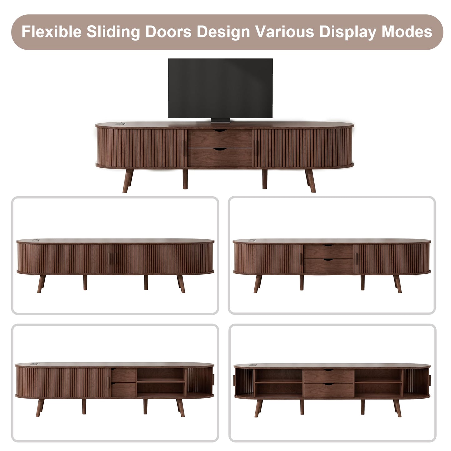 Alohappy 69" Mid Century Modern TV Stand with Charging Station, Farmhouse Curved Edge TV and Media Console Table with Drawer and Shelf, Fluted Entertainment Center for Living Room, Bedroom, Walnut