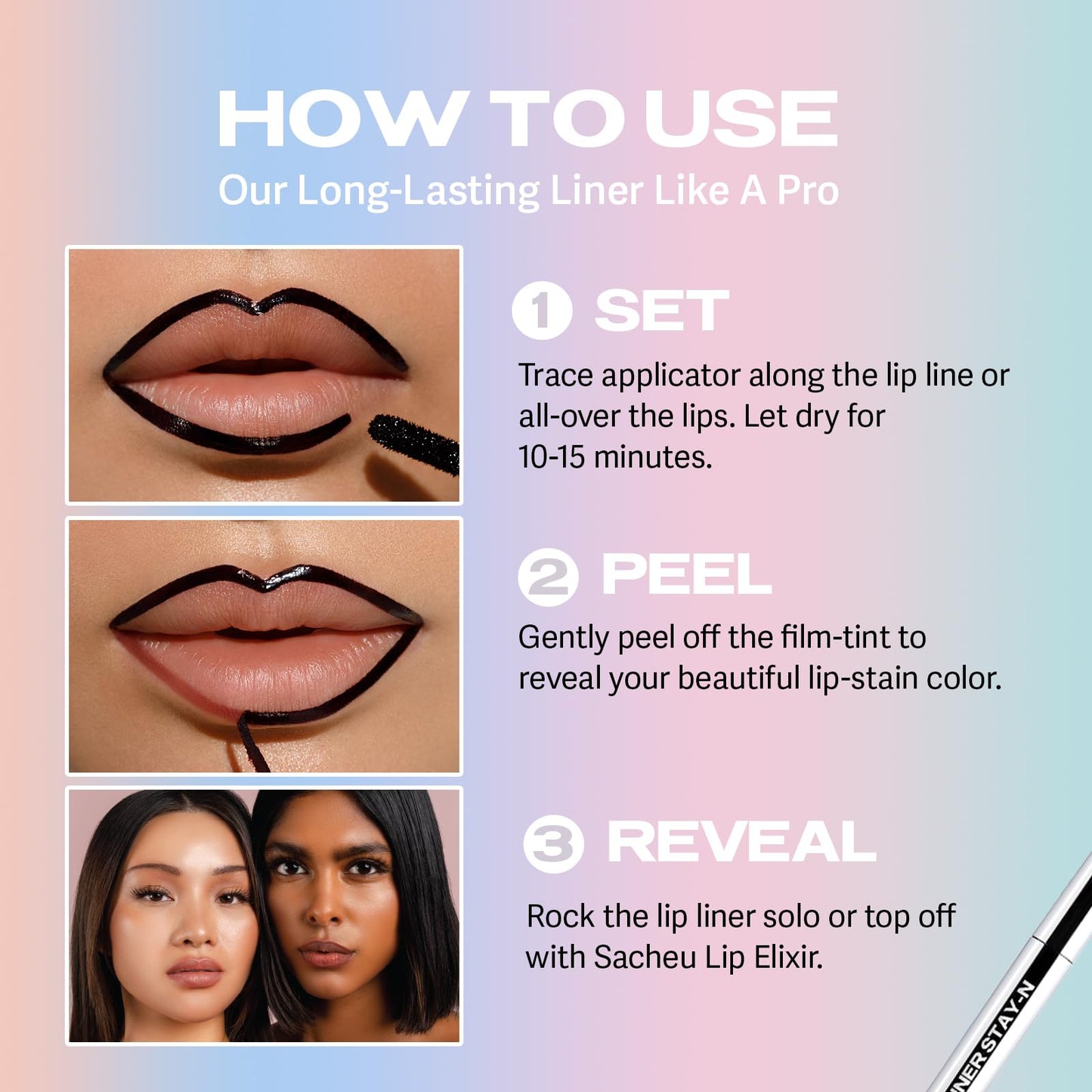 Sacheu Lip Liner Stay-N - Peel Off Lip Stain. Long Lasting Matte Lip Tattoo, Transfer Proof Lipstain Infused with Hyaluronic Acid & Vitamin E, for All Skin Types. Vegan and Cruelty-Free, PLUMped