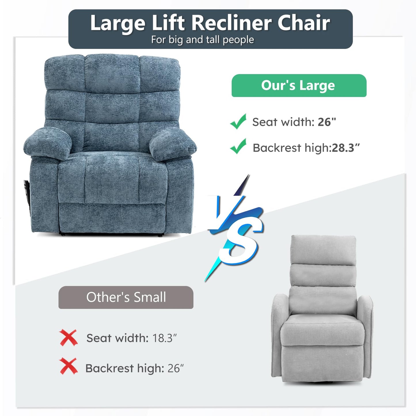 EZZUP Lay Flat Recliner with Vibration Massage and Lumbar Heating, 26'' Wide Chair with Infinite Position and 2 Remote Controls, Soft Chenille Lift for Living Room, Grayish Blue