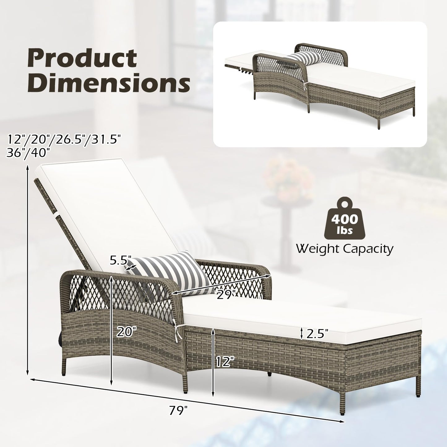 Toolsempire Wicker Chaise Lounge Chair Set of 2, Patio Rattan Recliner with 6-Position Adjustable Backrest, Soft Cushions, Removable Lumber Pillow & Armrests, Lounger Chair for Poolside & Backyard