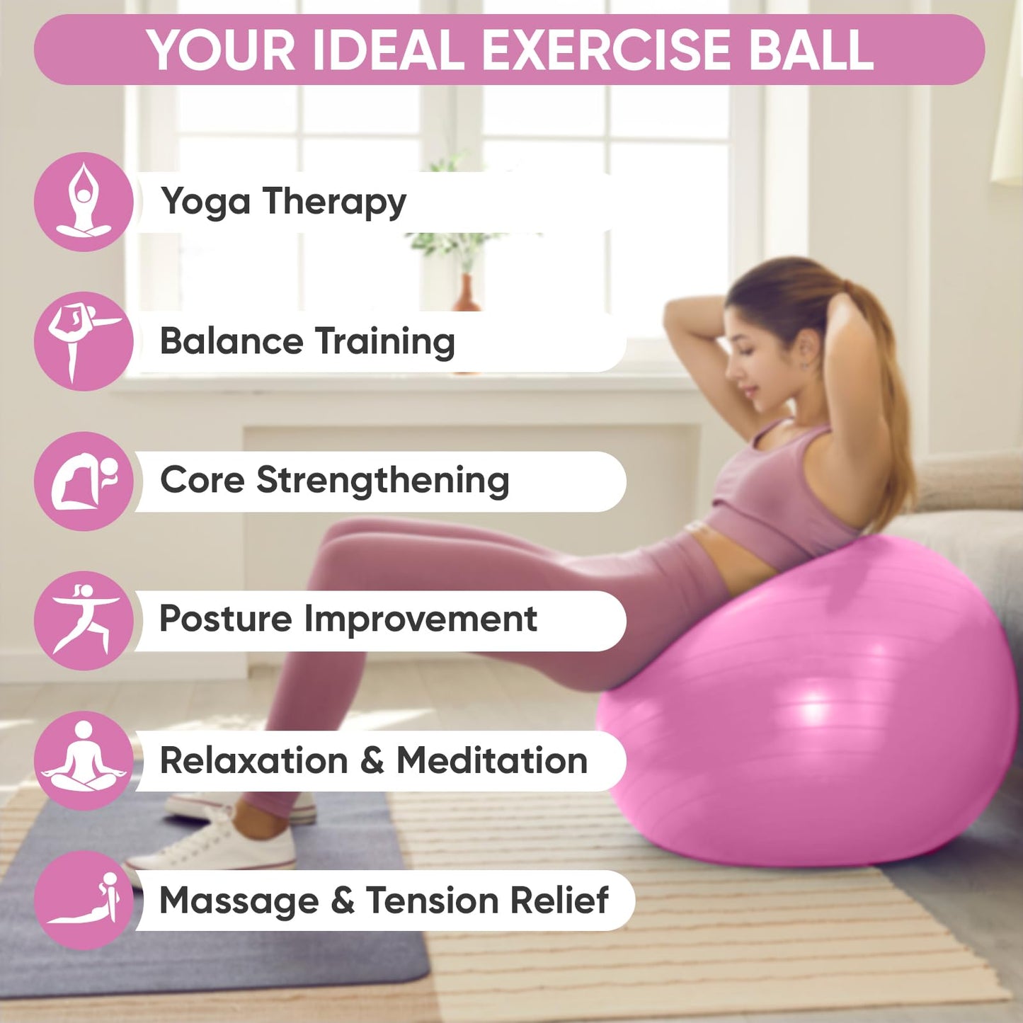 APEXUP Yoga Ball Exercise Ball, Anti Slip Stability Ball Chair, Heavy Duty Large Gym Ball for Fitness, Balance, Core Workout and Physical Therapy (S (15"~18") 45cm, Fuschia)