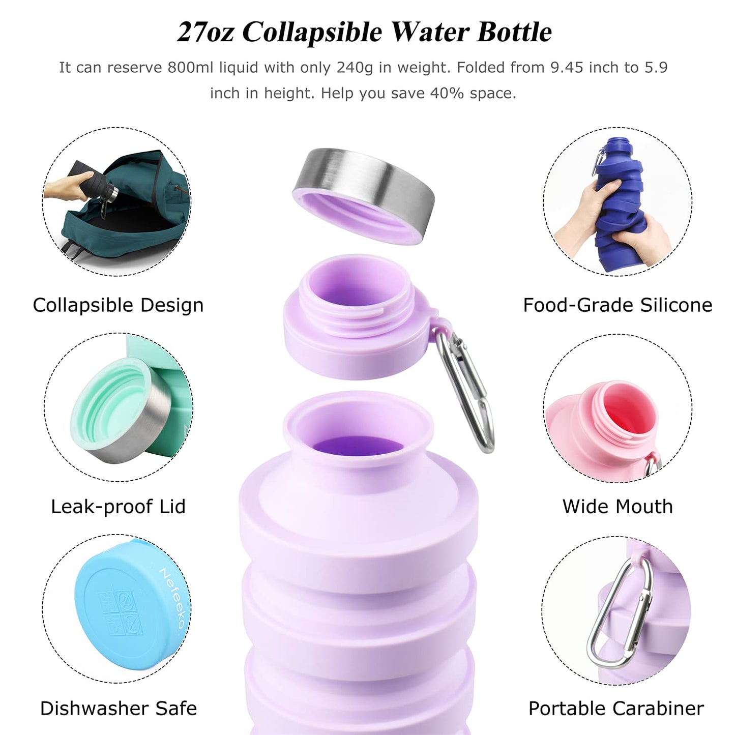 Nefeeko Collapsible Foldable Water Bottle, Reuseable BPA Free Silicone Portable Leak Proof Sports Water Bottle with Carabiner for Travel Gym Camping Hiking,