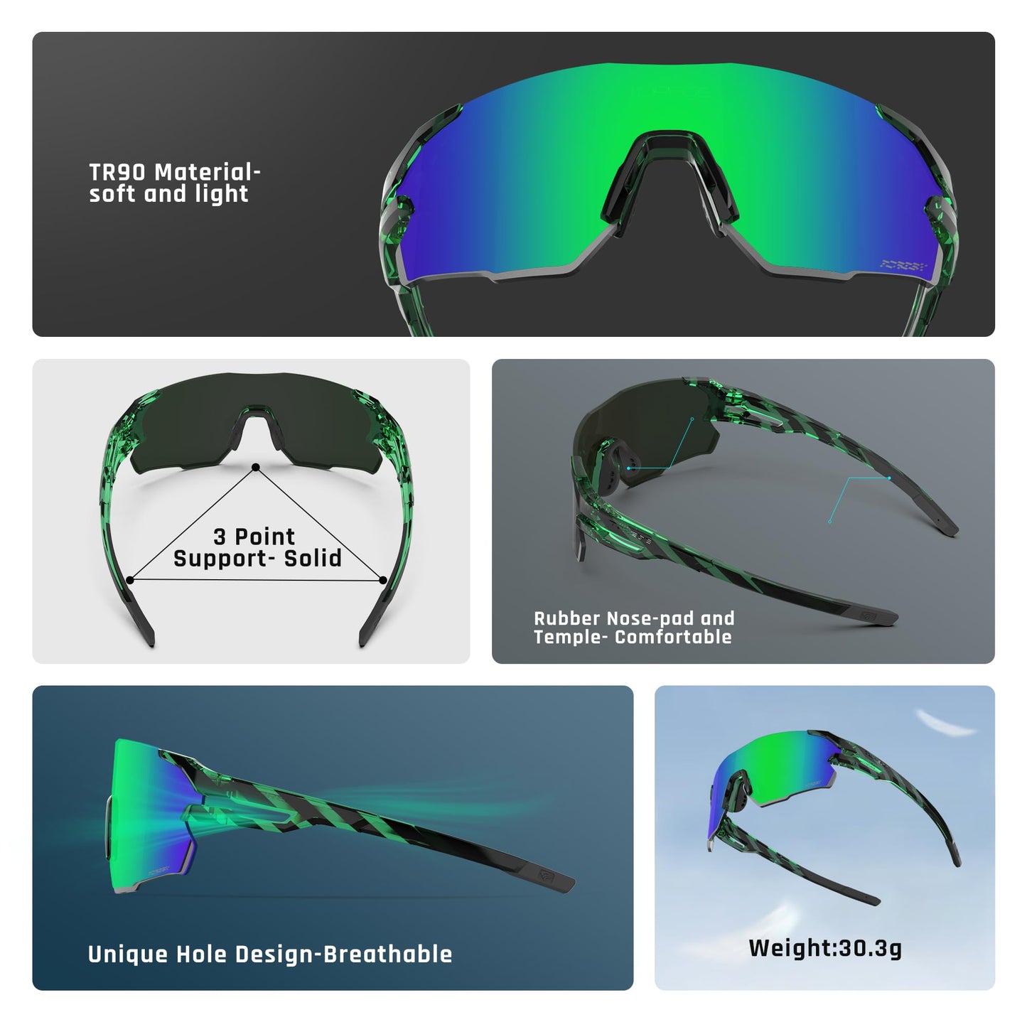 TOREGE Polarized Sports Sunglasses for Men and Women-UV Protection, Ideal for Cycling, Fishing, Baseball, Running, Golf Iceman (C11- Stripe Transparent Green &Green Lens)
