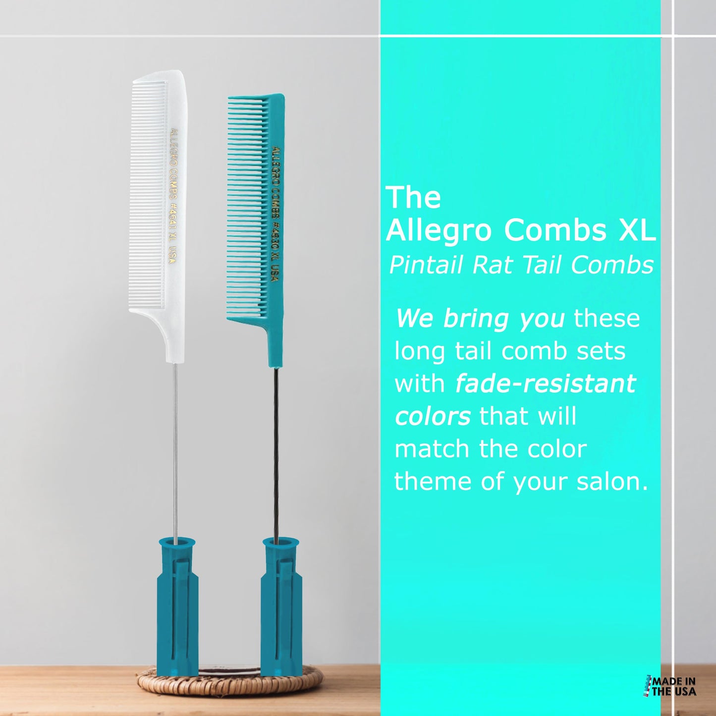 Allegro XL Pintail Rat Tail & Parting Combs - Metal Tail Foiling & Pin Combs (2 Pc. AQUA & WHITE)