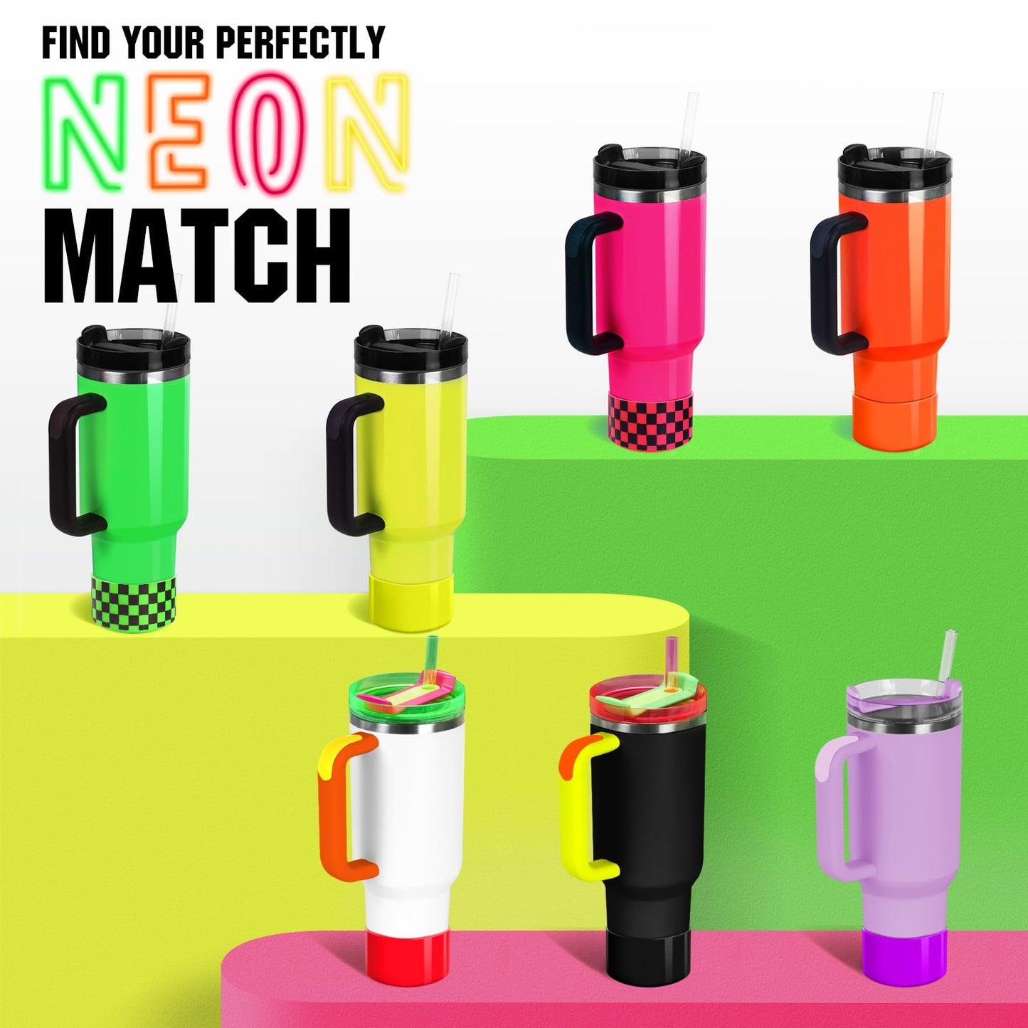 Neon Checkered Protective Silicone Boot for Stanley Tumbler 20-40oz, Made for Hydro Flask 12-24oz & Simple Modern 20-40oz, Antislip Sleeve for More Tumblers/Water Bottles of 2.8-2.95" Base, Neon Green