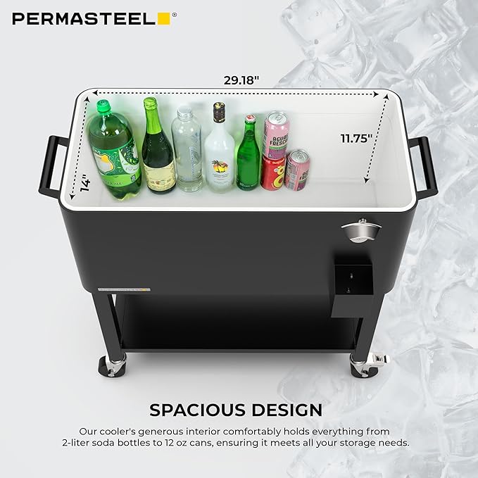Permasteel Party Cooler with Removable Basin, Spacious 80-Qt Capacity, Rolling Ice Chest for Indoor and Outdoor Entertainment Black + Bonus Cover