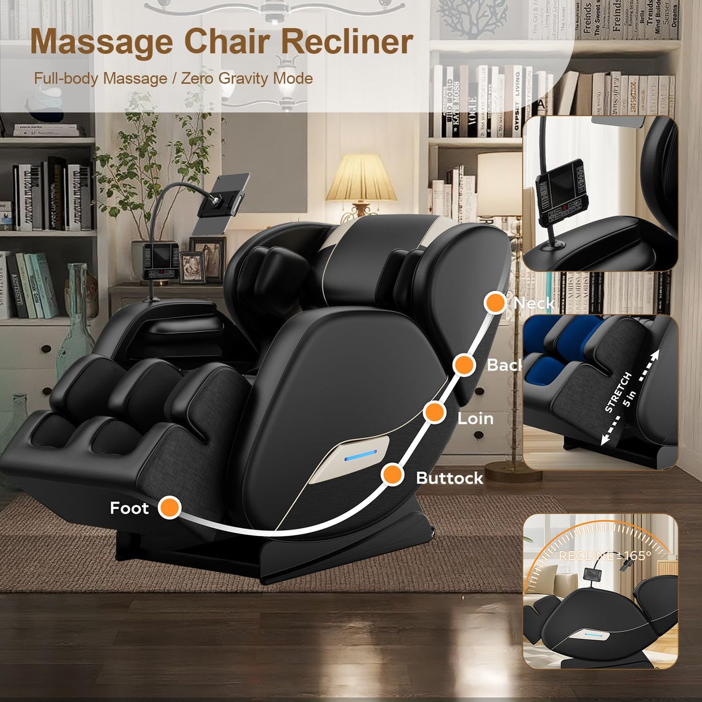 AYJOIR 2025 Massage Chair Full Body, Zero Gravity SL-Track Shiatsu Massage Recliner Chair with Body Scan, 6 Fix Point Rollers,Airbags,Deep Yoga Stretch, Heating Function,Black