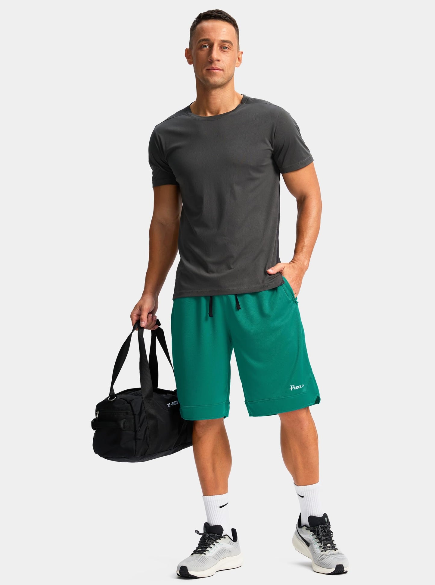 Pudolla Men's Basketball Shorts with Zipper Pockets 11" Long Gym Athletic Shorts for Men Lightweight Quick Dry(green x-large)