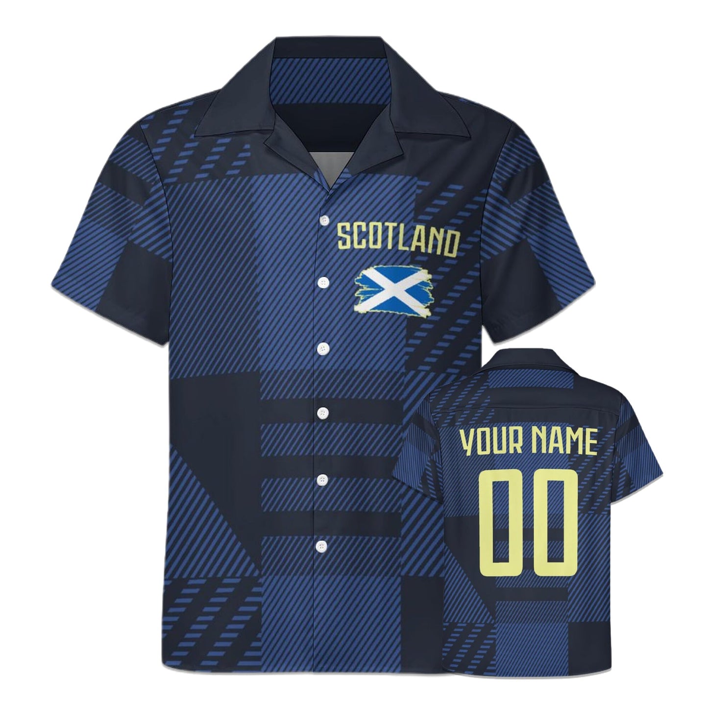 GIF4FOT Custom 2024 Scotland Soccer Cuban Neck Shirt Hawaii Short Sleeve Personalized Name Number for Men Sports Gift, Small