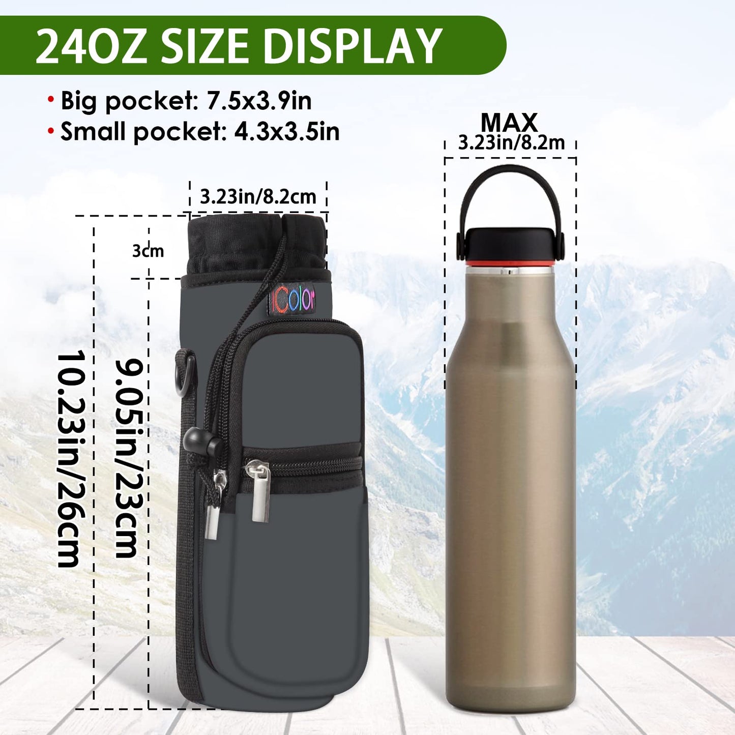 icolor Water Bottle Carrier Bag Holder 25/32/40/64oz,Adjustable Shoulder & Handle Strap Sports Sling Hiking Pack,Insulated Neoprene Wide Mouth Bottle Sleeve