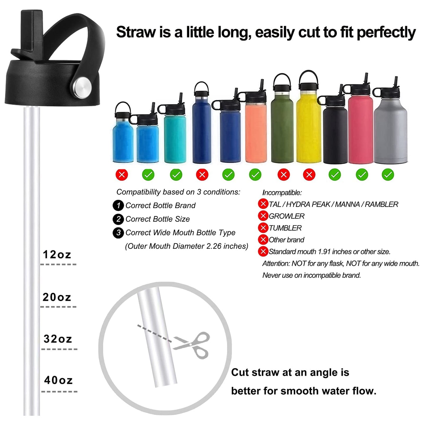 Straw Lid for Hydro Flask Wide Mouth, Lids with Straw for Hydroflask 12 16 18 20 32 40 oz Wide Mouth, Replacement Straw Cap for Hydroflask, Top Sport Bottle Lids Accessories,Black 2 Pack