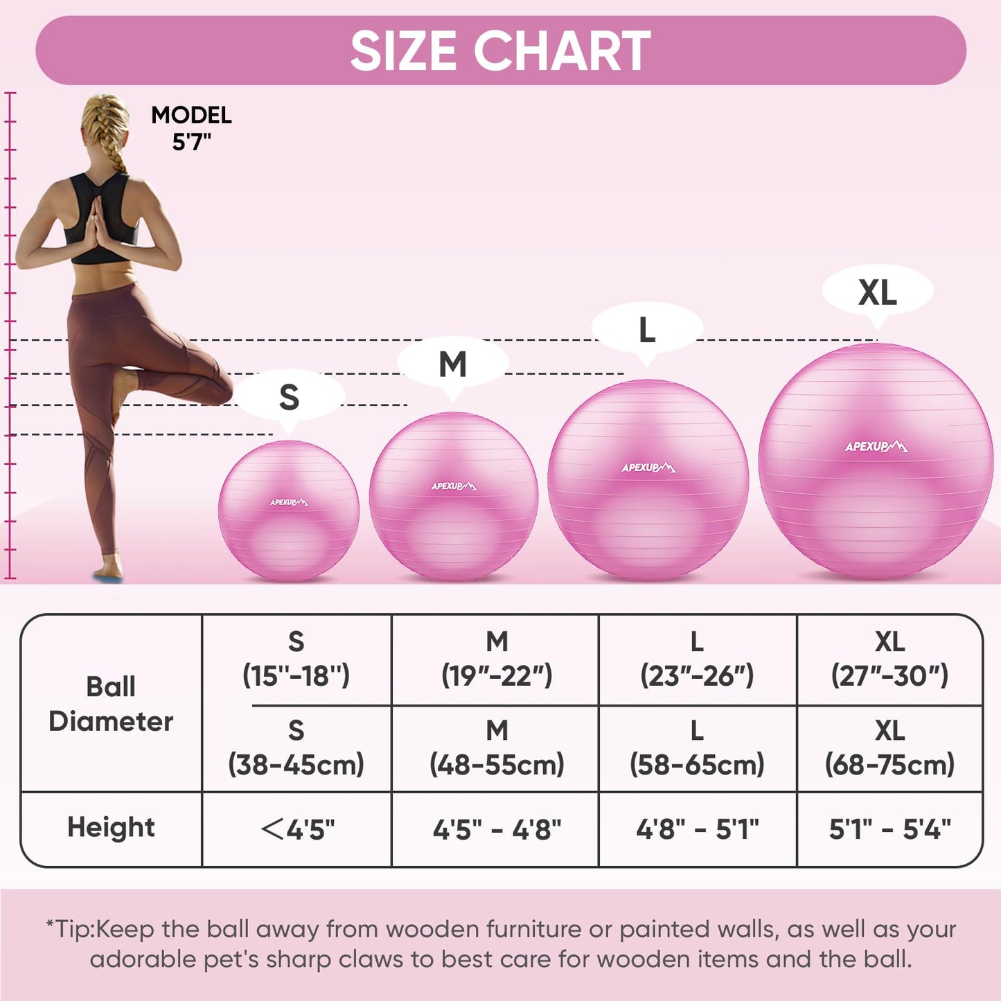 APEXUP Yoga Ball Exercise Ball, Anti Slip Stability Ball Chair, Heavy Duty Large Gym Ball for Fitness, Balance, Core Workout and Physical Therapy (S (15"~18") 45cm, Fuschia)