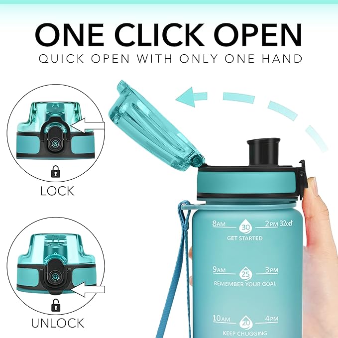 GOSWAG 32oz Motivational Water Bottles with Time Marker and Fruit Strainer, Sports Water Bottle with Times to Drink, Leakproof, Reusable Plastic Bottle with Strap no Straw for Gym, School