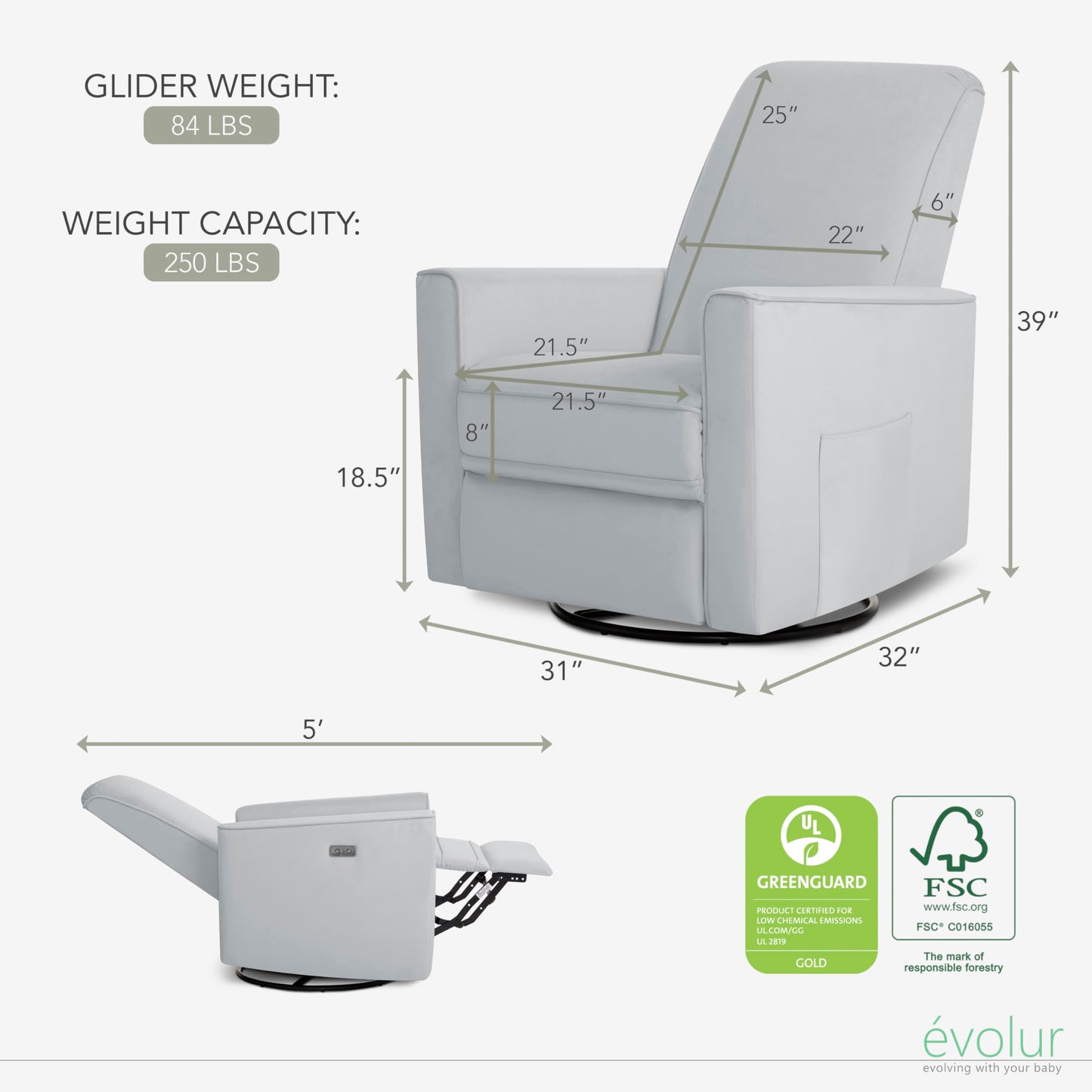 Evolur Harlow Deluxe Upholstered Plush Seating Glide Rocker, Swivel, Power Recliner with USB Port, Greenguard Gold Certified, Glider Chair for Nursery in Misty Grey