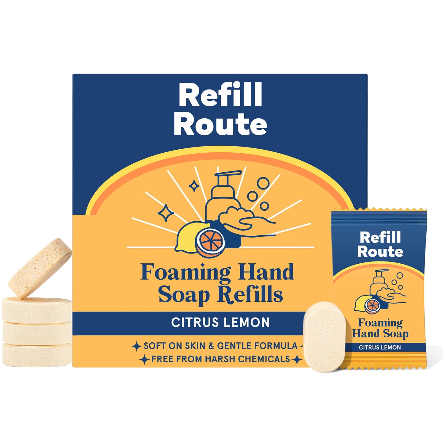 Foaming Hand Soap Refill Tablets 12 Pcs - Makes 96 fl oz Total (12x 8 fl oz) - Cleansing, Moisturizing, Vegan, No Plastic - for Foaming Dispenser Only (Not Included) - Citrus Lemon