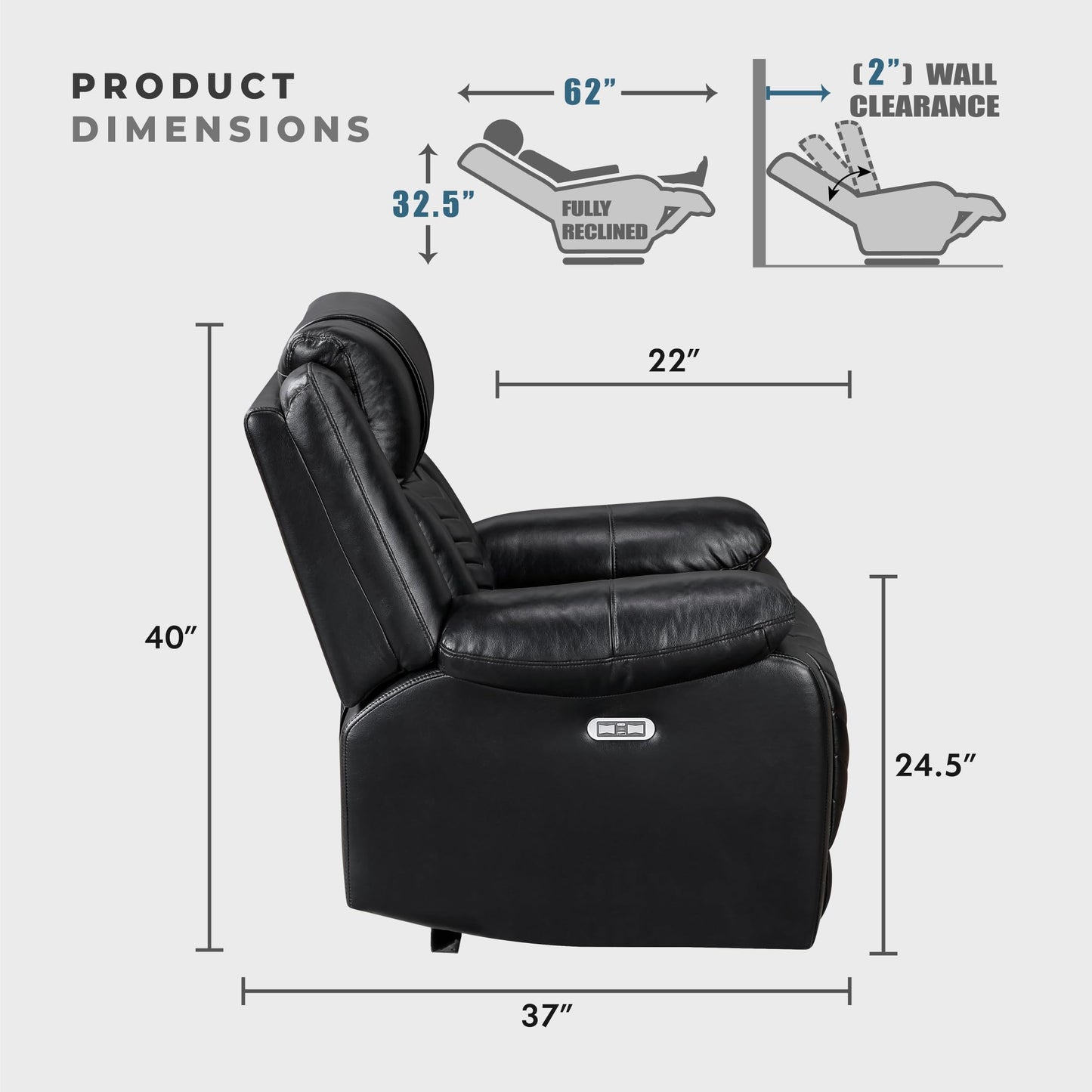 Lexicon Power Recliner Chair, Faux Leather Upholstered Home Theater Seating with LED Lighting, USB Charging Ports, Single Wall Hugger Reclining Chair for Living Room/Bedroom Easy Assembly, Black