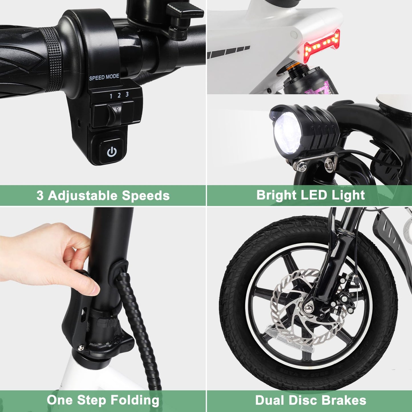 Winado 14" Electric Bike for Adults, Folding Electric Bicycle 350W Motor with Dual Shock Absorber, Dual Disc Brakes, Max Range 20Miles, Foldable Commuter City Ebike for Adults/Teens, White
