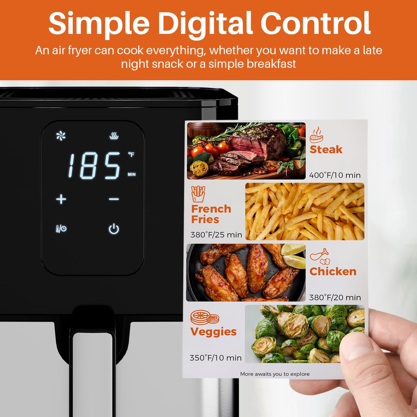 Air Fryer Oven 4.5QT, Space Saving, 1 Touch Digital Display, Compact, Non-stick And Dishwasher Safe Basket, Black & Stainless Steel,Update