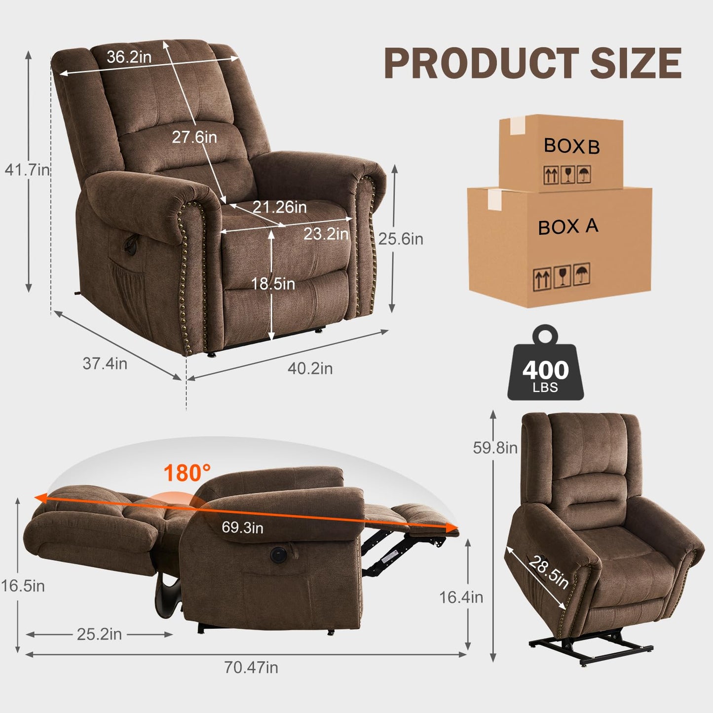 CDCASA Dual Motor Lay Flat Lift Chairs Recliners for Elderly with Massage and Heat, Upgraded Chenille Infinite Position Large Sleeping Electric Power Lift Chair Recliner for Seniors, Set of 2,Brown
