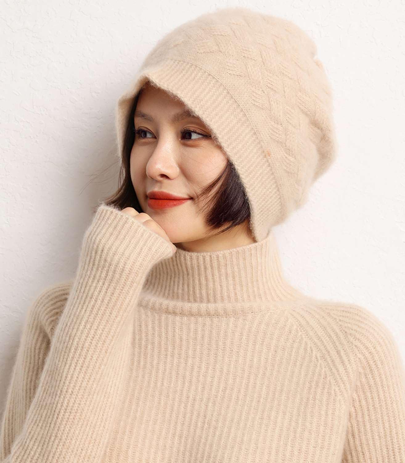 Ailaile Women's Beanie Cap Winter Warm Cashmere Merino Wool Knitted Drawstring Hats Beige