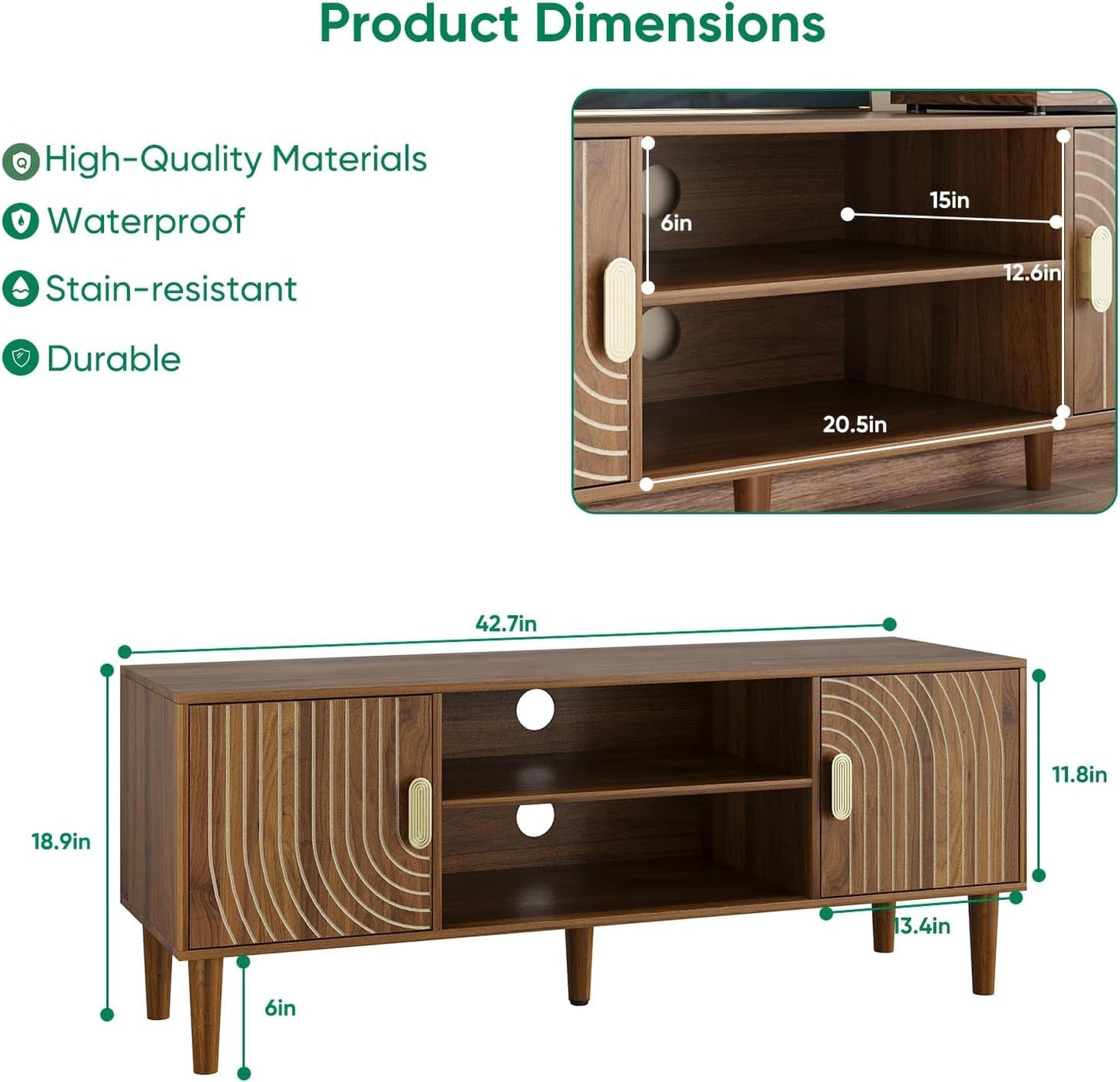 Algherohein 43" TV Stand for TVs up to 55 Inch, Entertainment Center with Storage and Adjustable Shelves, Modern Media Console for Living Room, Walnut