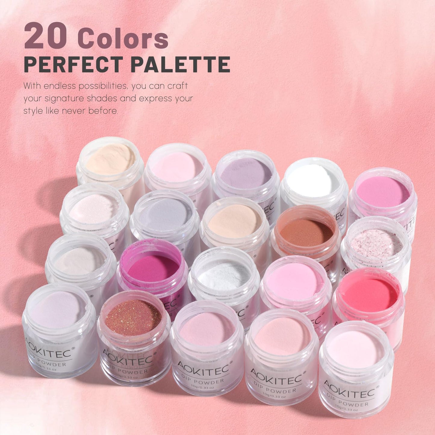Aokitec 36 Pcs Dip Powder Nail Kit Starter, 20+1 Clear Nude Pink Brown Glitter Colors Dipping Powder Set with Dip Base Activator Top Coat Brush Saver Dip Liquid Set Clear Build Powder for Salon Gift