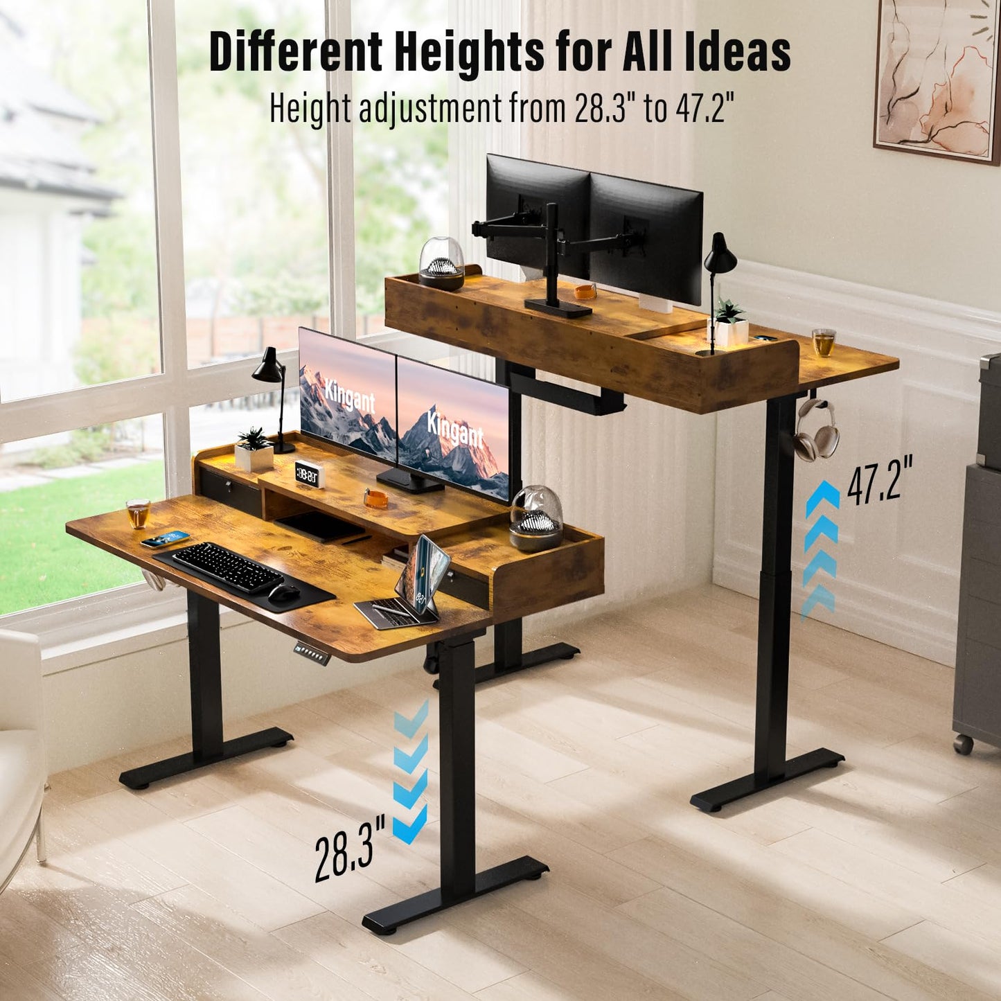 Standing Desk with Drawers and Wheels,Thickened Table Legs Sit Stand Desk Electric for Home Office & Gaming,Ergonomic Stand Up Desk (Rustic Brown, 55x30 in)