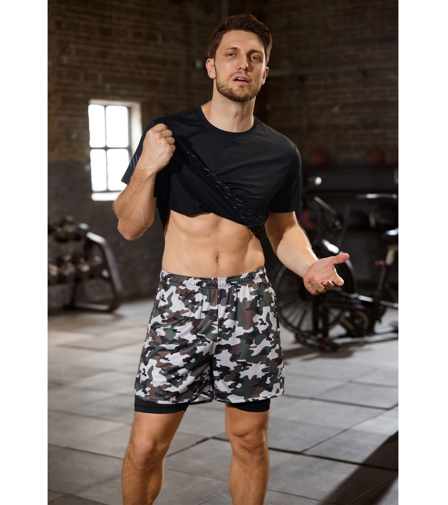 SILKWORLD Men Running Shorts 2 Piece Stretch Athletic Shorts Gym Shorts with Compression Liner, Black/Army Green Camo, Medium