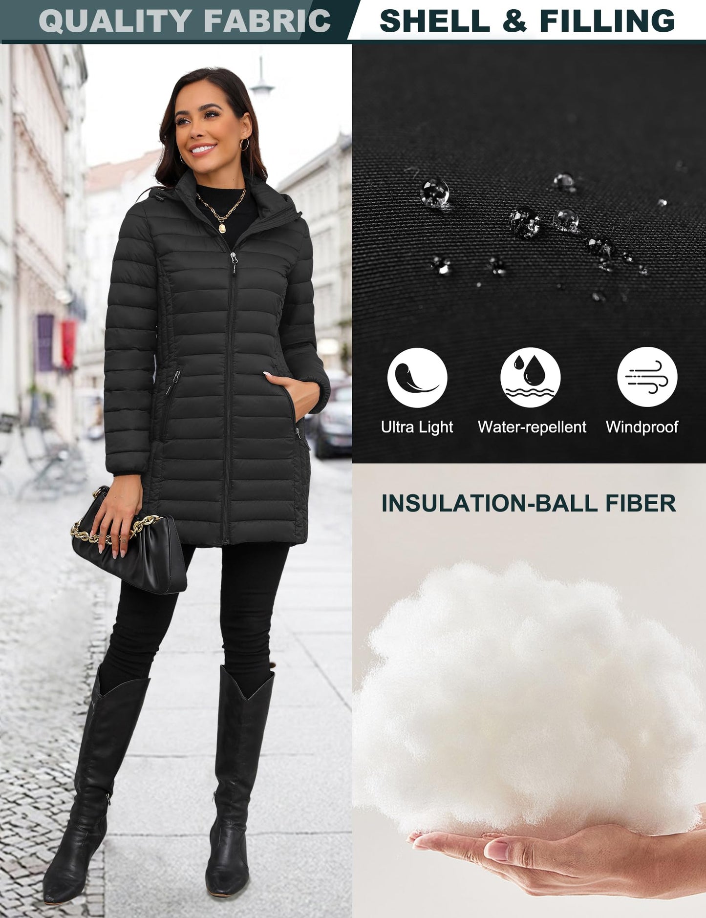 ANOTHER CHOICE Women Ultra-light Puffer Jacket, Winter Puffey Jacket with Detachable Hood Stretchy Panel Rollable Black M