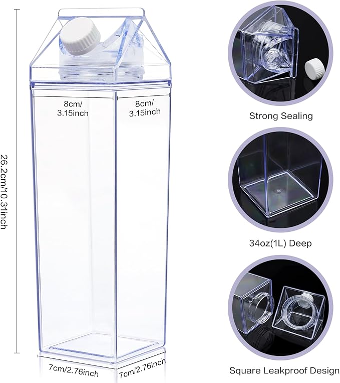 KALYLOC 8Pcs Milk Carton Water Bottle, 34Oz Clear Plastic Square Milk Bottles, Portable Reusable Milk Box Juice Water Container for Travelling Sports Camping Outdoor Activities (Clean 8pcs)