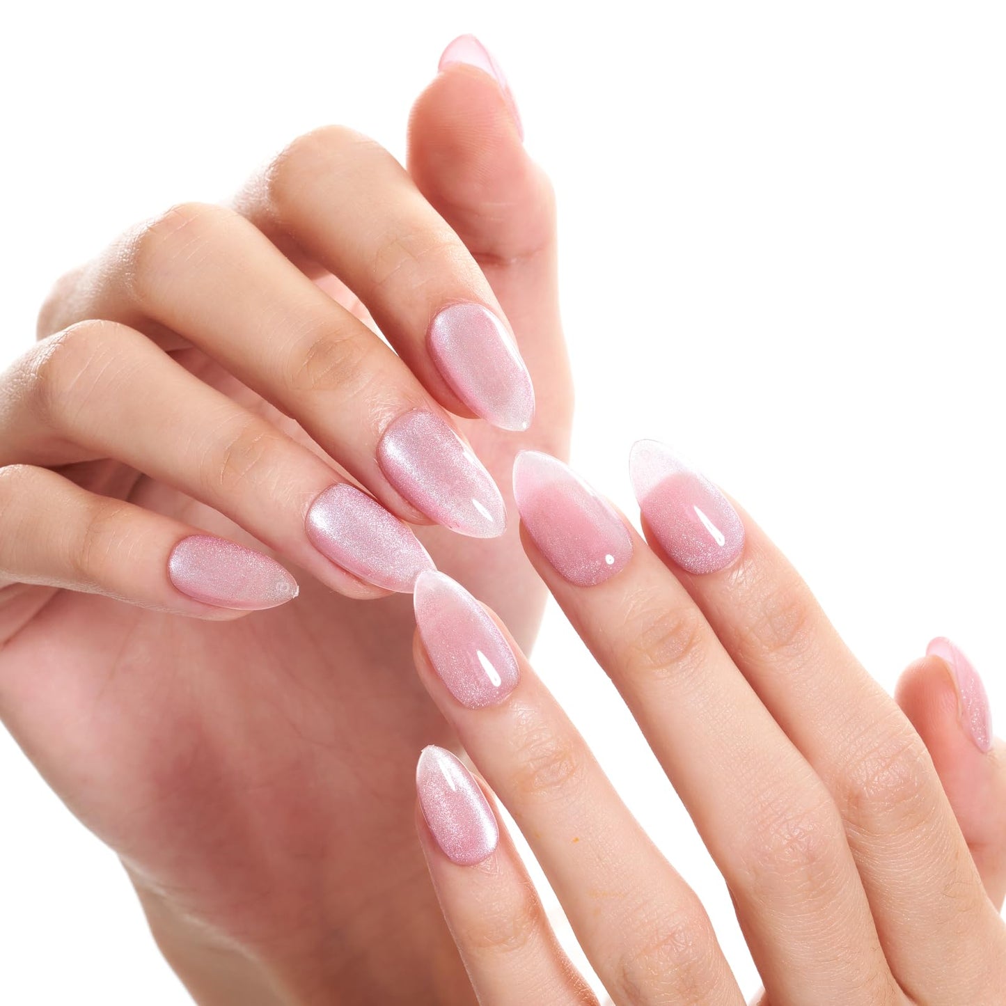 GLAMERMAID Pink Press on Nails Short Almond, Handmade Magnet Cat Eyes Jelly Gel Fake Nail Kits, Ombre Glitter Magnetic Glue on Nail Stiletto, Mermaid Medium Oval Stick on False Nail Set for Women