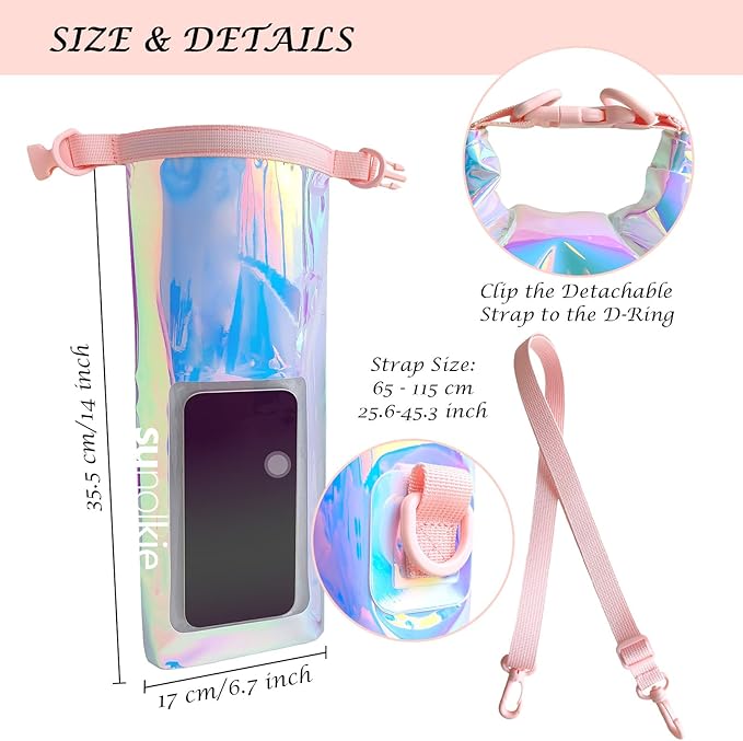 IP68 Waterproof Dry Bag 2L - Roll Top Waterproof Backpack - Waterproof Pouch for Phones Up to 7"/Pouch - Essential for Camping, Swimming, Beach, Fishing, Rafting Trips - Iridescent