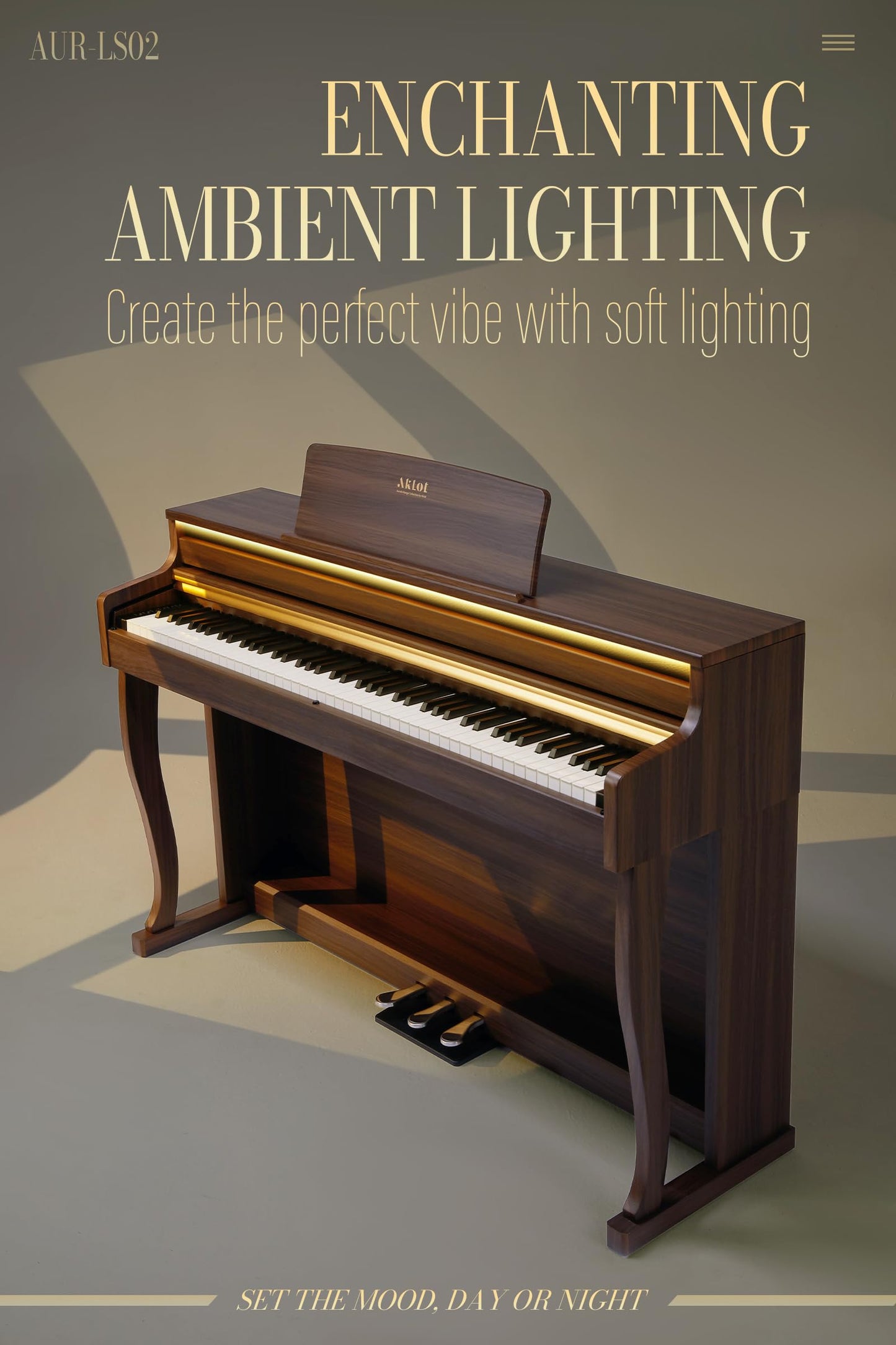 AKLOT Upright Digital Piano Keyboard: 88-Key Graded Hammer Action Weighted Keyboard with Ambient Light, Triple Pedal, USB-MIDI, Dual 25W Speakers, Beginner Lesson Book, Headphones, Stickers, AUR-LS02